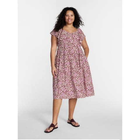 Women's Plus Midi Dress with Flutter Sleeves, Sizes 0X-5X