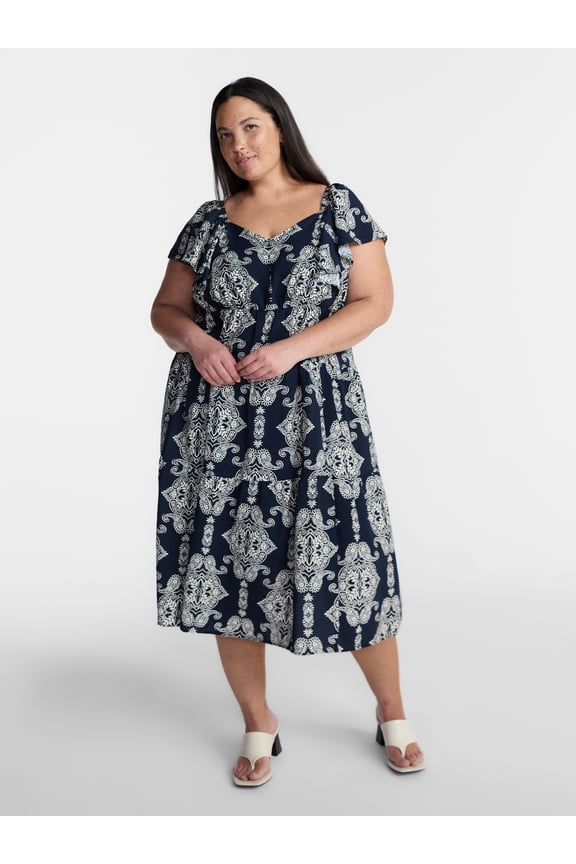 Women's Plus Midi Dress with Flutter Sleeves, Sizes 0X-5X