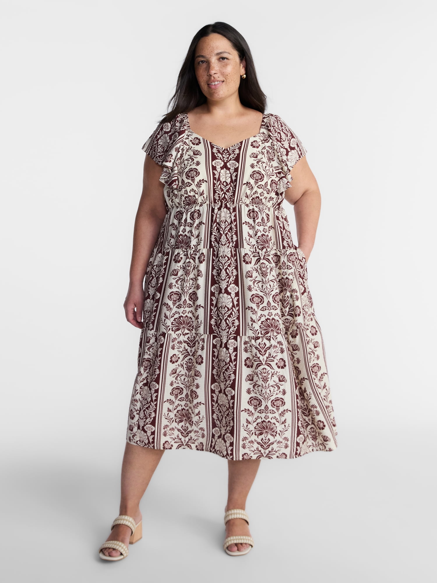 Terra & Sky Women’s Plus Midi Dress with Short Flutter Sleeves, Sizes 0X-5X