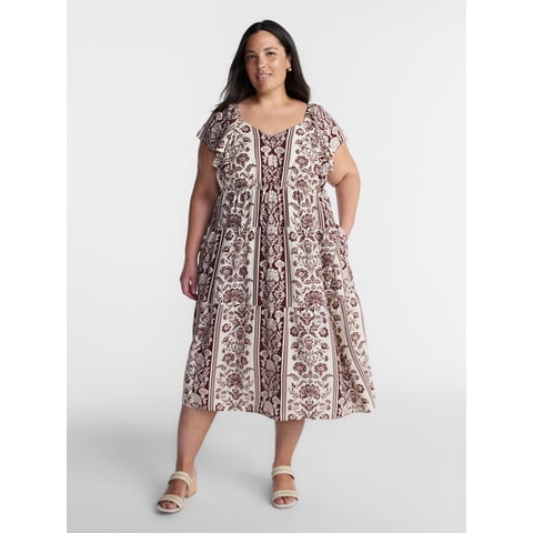 Women’s Plus Midi Dress with Short Flutter Sleeves, Sizes 0X-5X