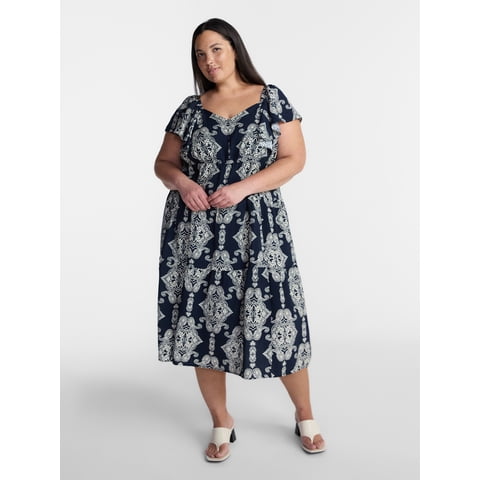 Women’s Plus Midi Dress with Short Flutter Sleeves, Sizes 0X-5X
