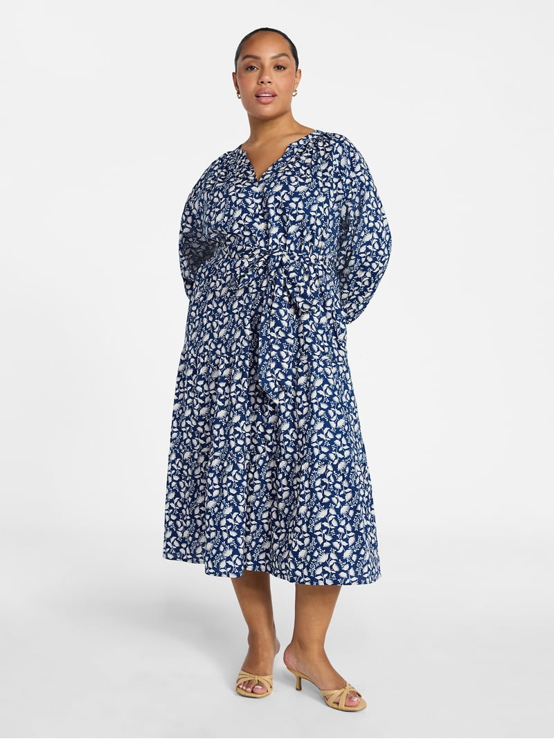 Terra & Sky Women's Plus Size Midi Peasant Dress, Sizes 0x-4x, Blue