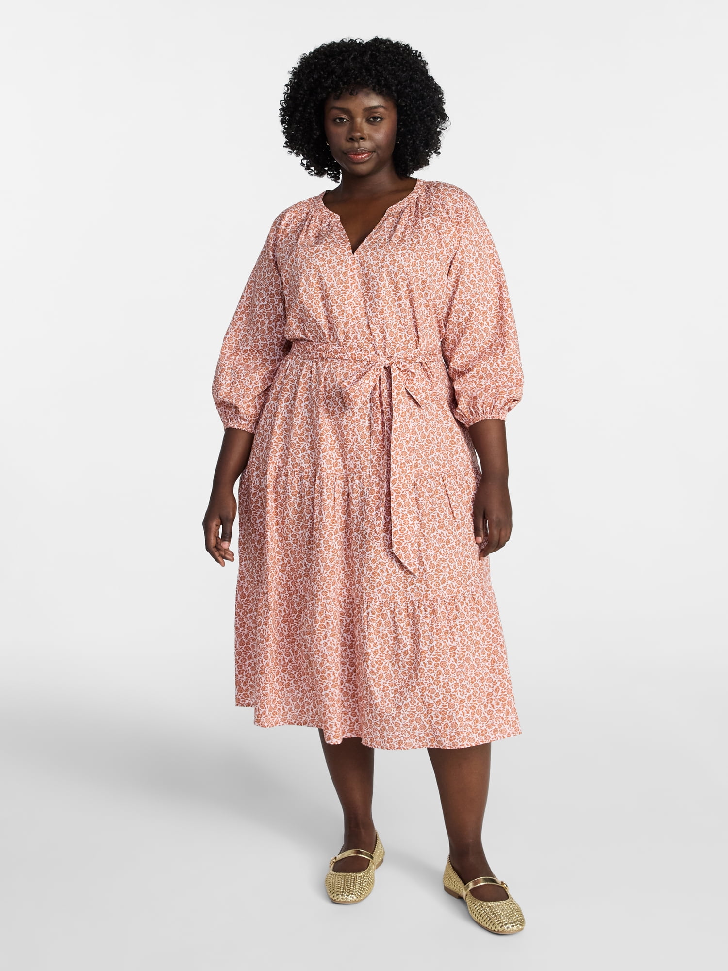 Terra & Sky Women's Plus Size Midi Peasant Dress, Sizes 0X-4X