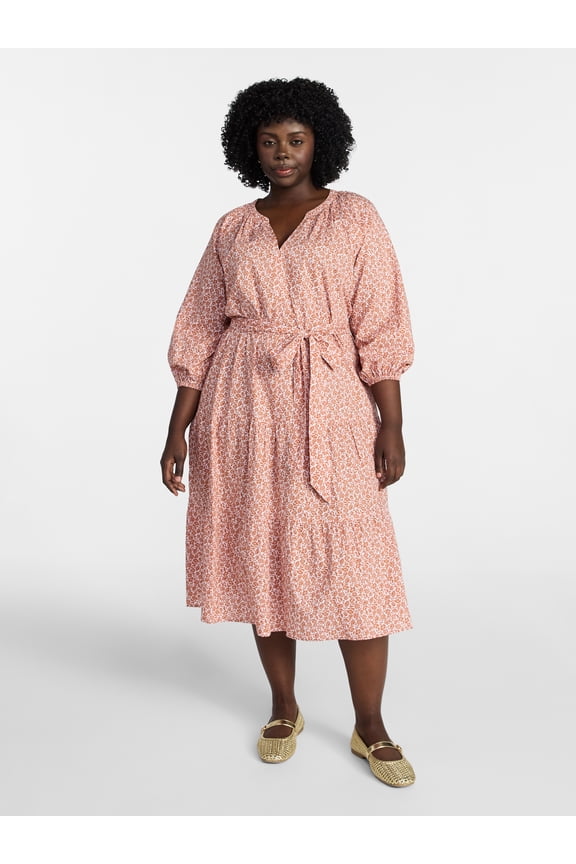 Women's Plus Midi Peasant Dress, Sizes 0X-4X