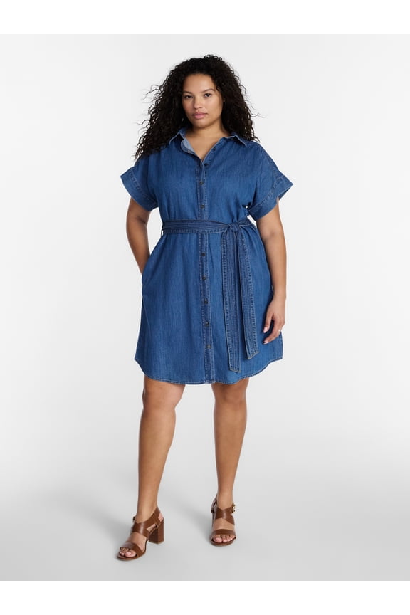 Women's Plus Mini Denim Shirt Dress, Sizes 0X-5X
