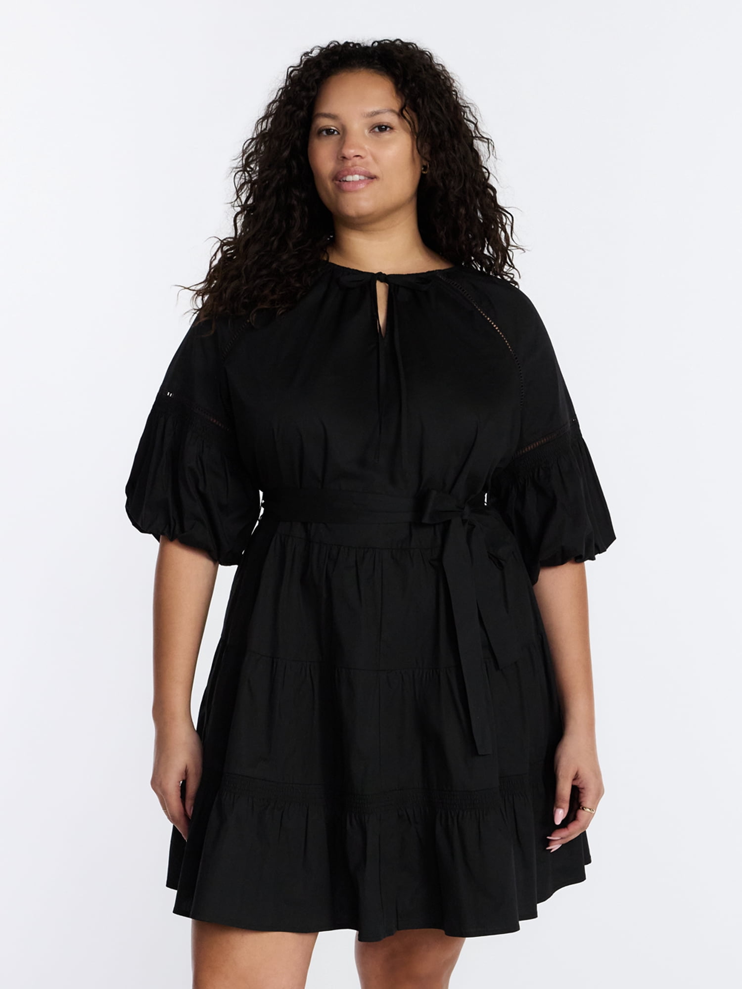 Terra & Sky Women’s Plus Tiered Mini Dress with Elbow Length Sleeves, Sizes 0X-5X