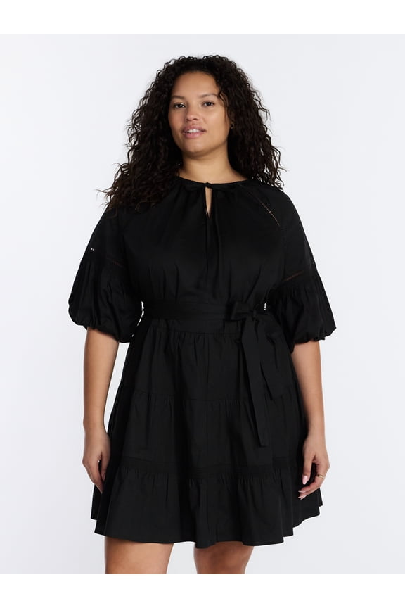 Women’s Plus Tiered Mini Dress with Elbow Length Sleeves, Sizes 0X-5X