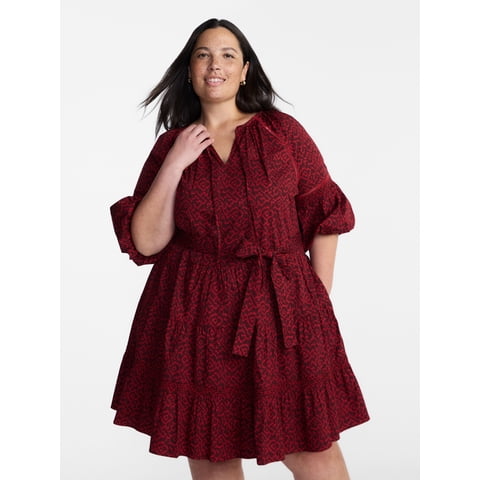 Women’s Plus Mini Dress with Elbow Length Puff Sleeves, Sizes 0X-5X