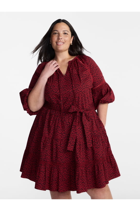 Women’s Plus Mini Dress with Elbow Length Puff Sleeves, Sizes 0X-5X