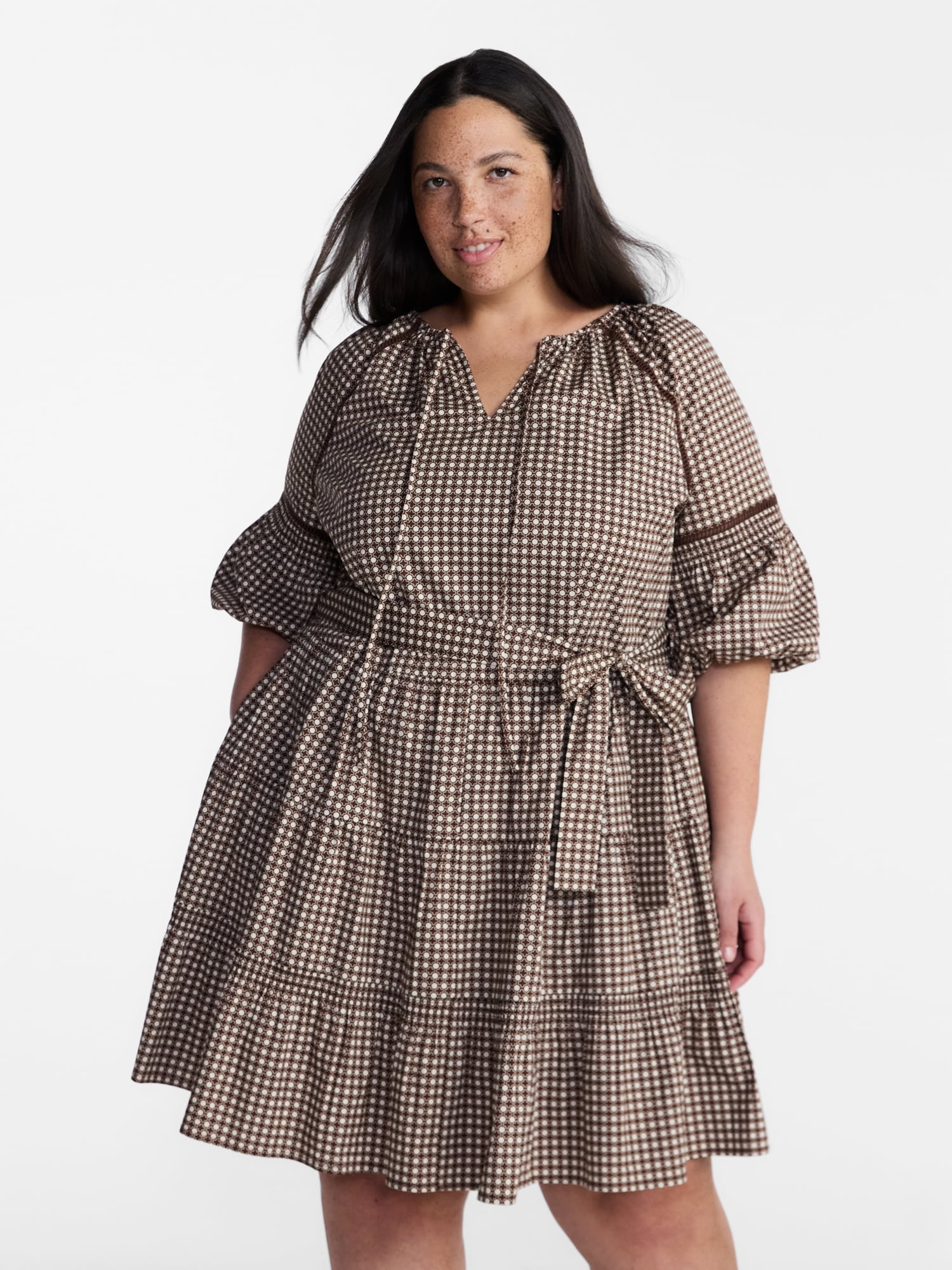 Terra & Sky Women’s Plus Mini Dress with Elbow Length Puff Sleeves, Sizes 0X-5X