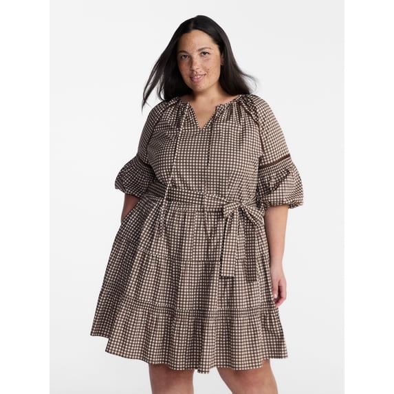 Terra & Sky Women’s Plus Mini Dress with Elbow Length Puff Sleeves, Sizes 0X-5X