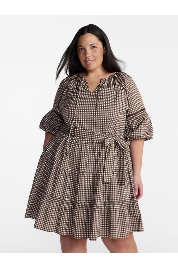 Women’s Plus Mini Dress with Elbow Length Puff Sleeves, Sizes 0X-5X