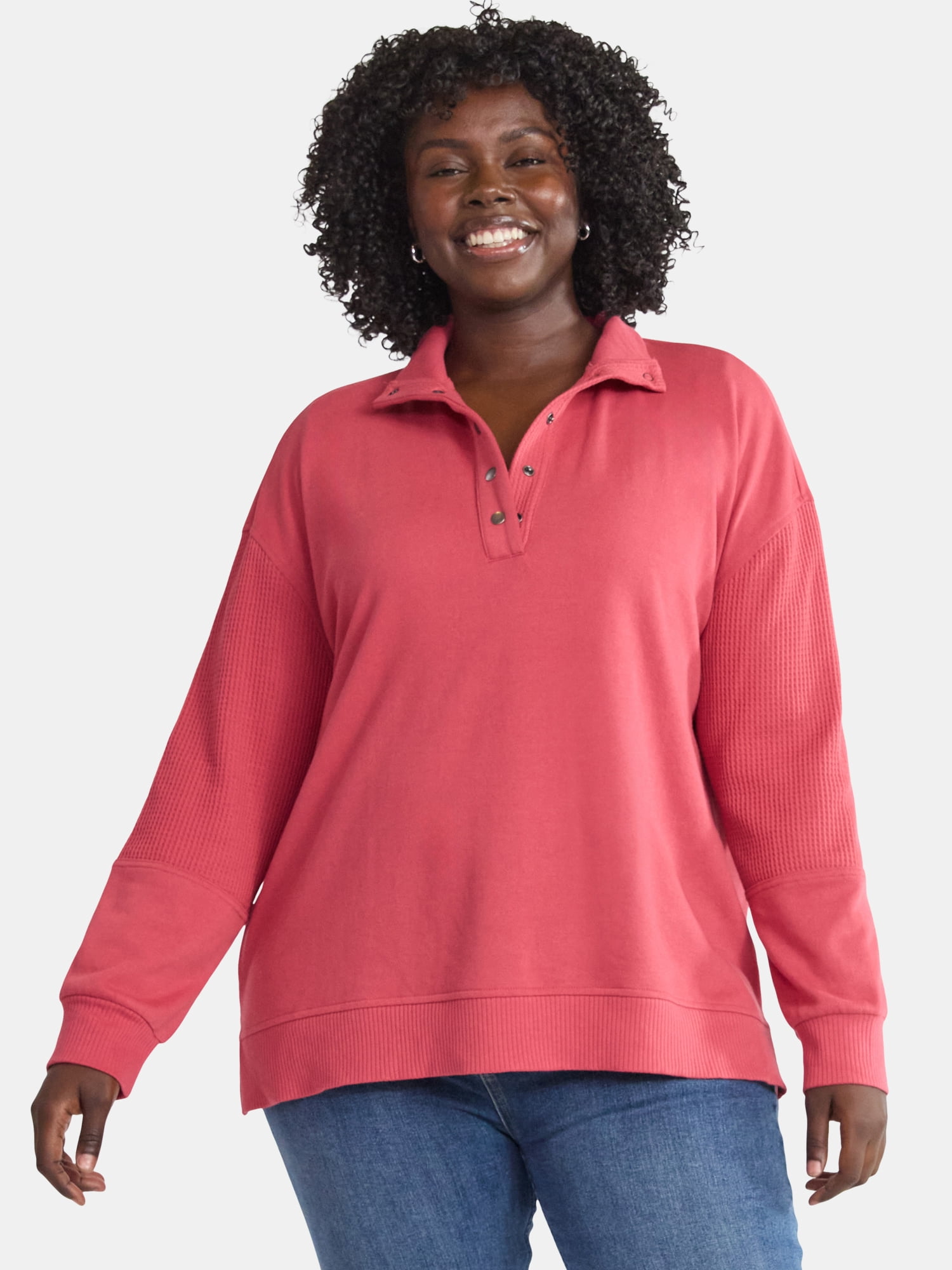 Terra & Sky Women’s Plus Mixed Media Snap Front, Sizes 0X-5X