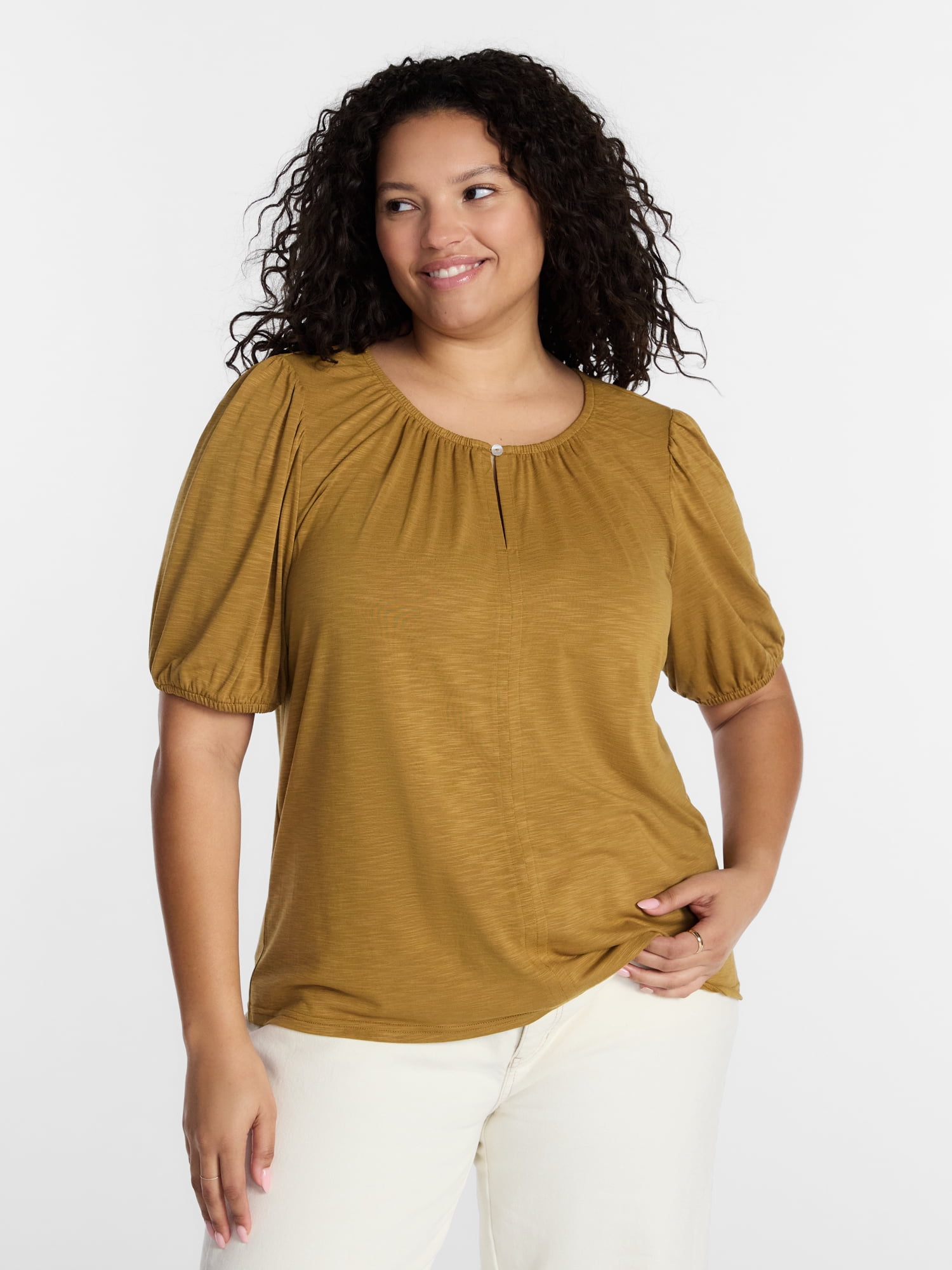 Terra & Sky Women's Plus Notch Neck Femme Puff Sleeve Top, Sizes 0X-5X