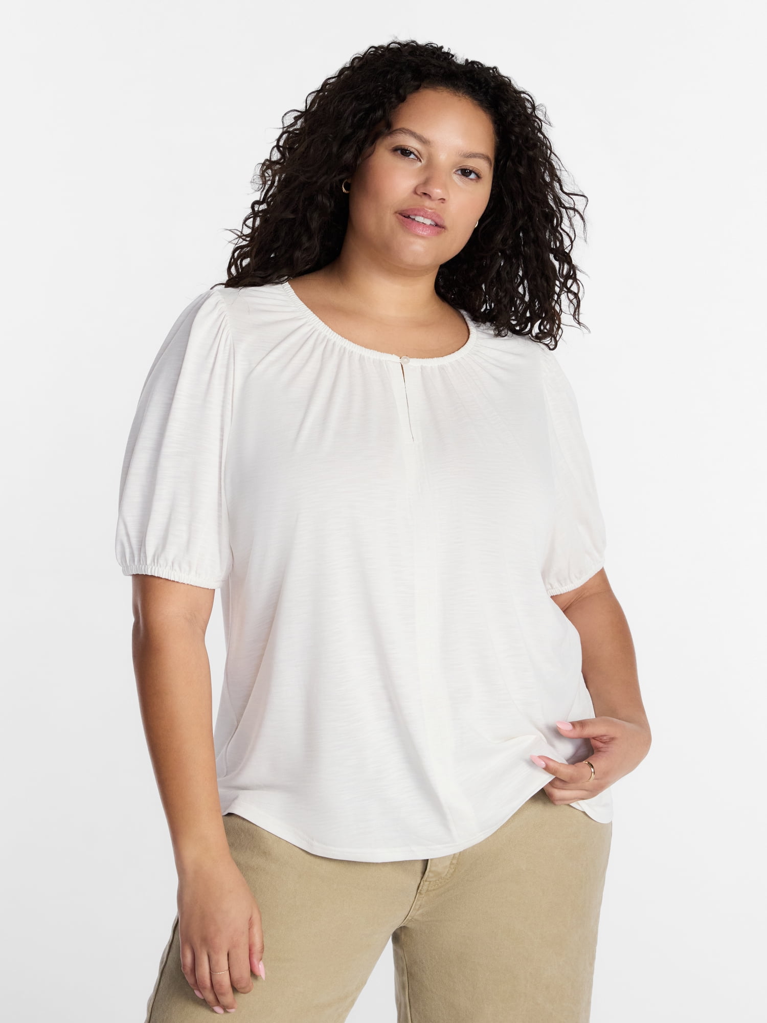 Terra & Sky Women's Plus Notch Neck Femme Puff Sleeve Top, Sizes 0X-5X
