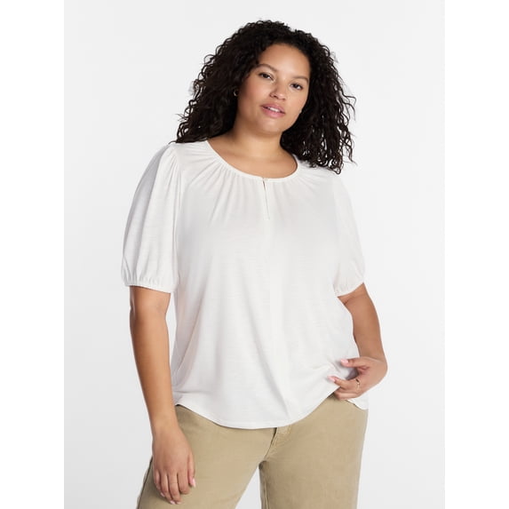 Terra & Sky Women's Plus Notch Neck Femme Puff Sleeve Top, Sizes 0X-5X