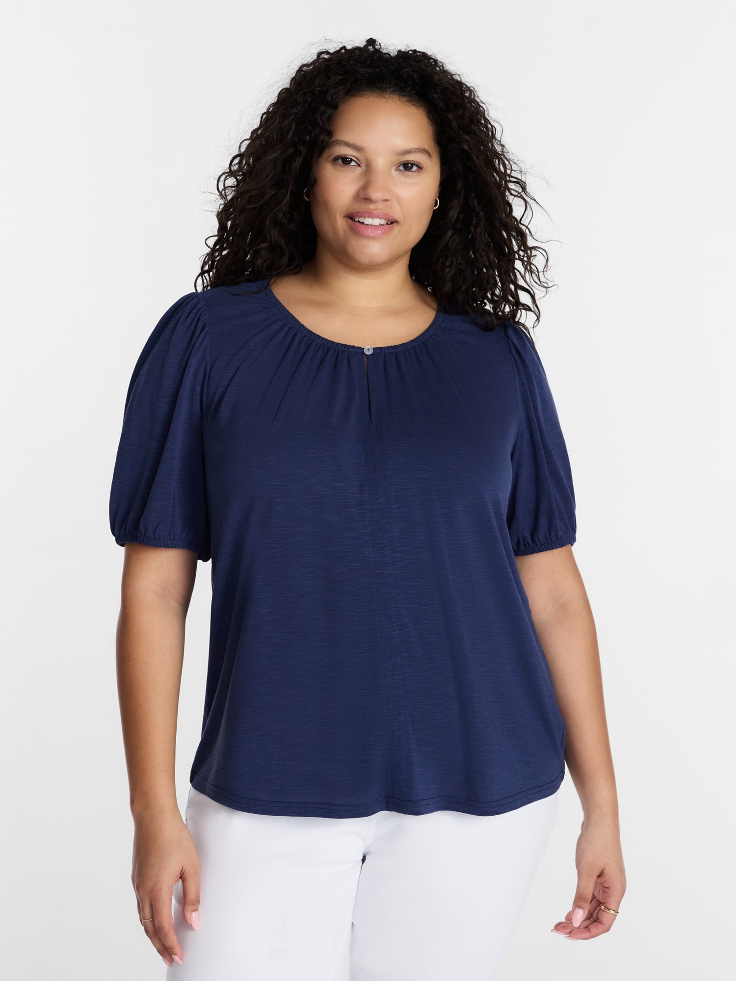 Terra & Sky Women's Plus Notch Neck Femme Puff Sleeve Top, Sizes 0X-5X