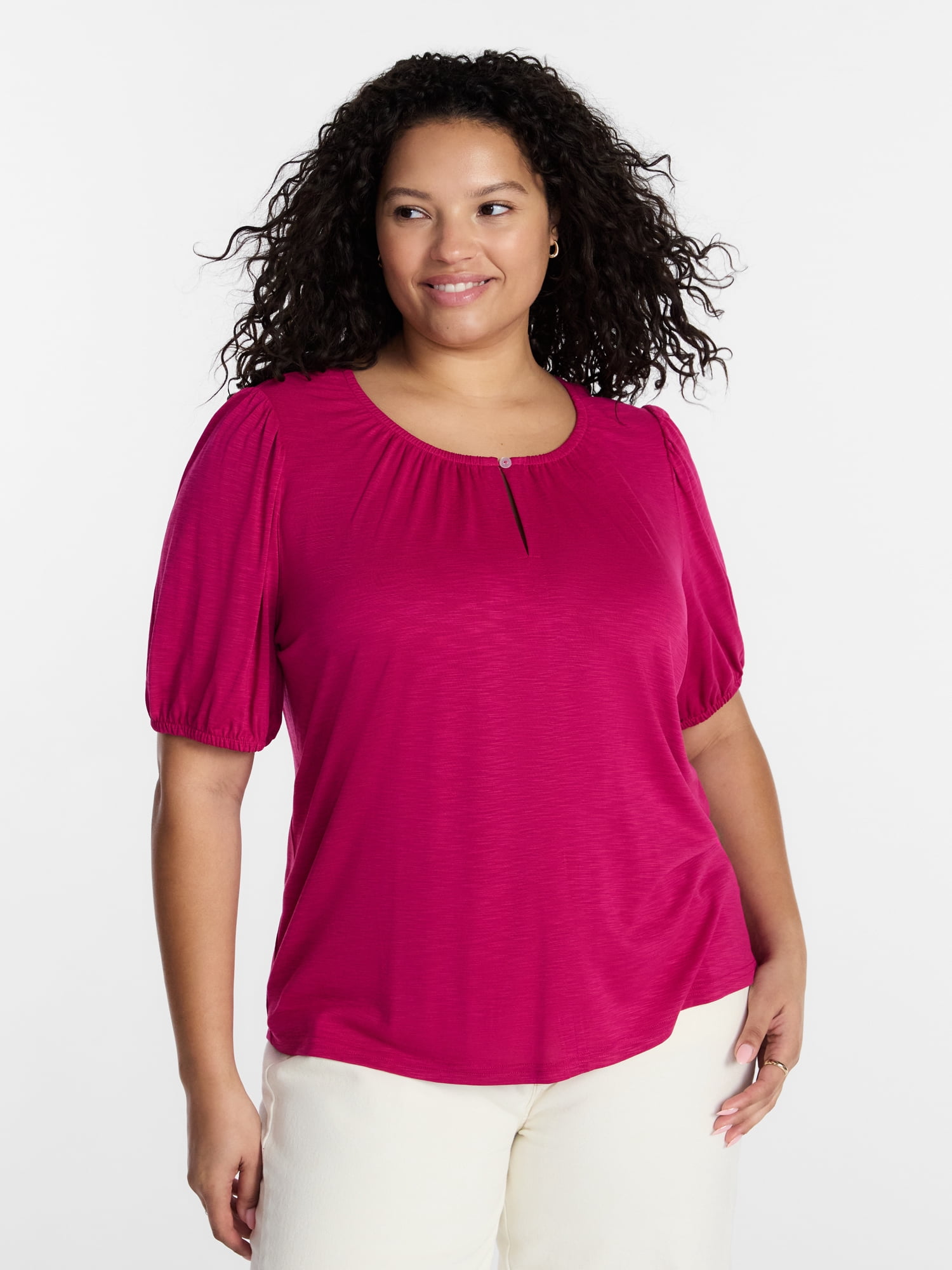 Terra & Sky Women's Plus Notch Neck Femme Puff Sleeve Top, Sizes 0X-5X
