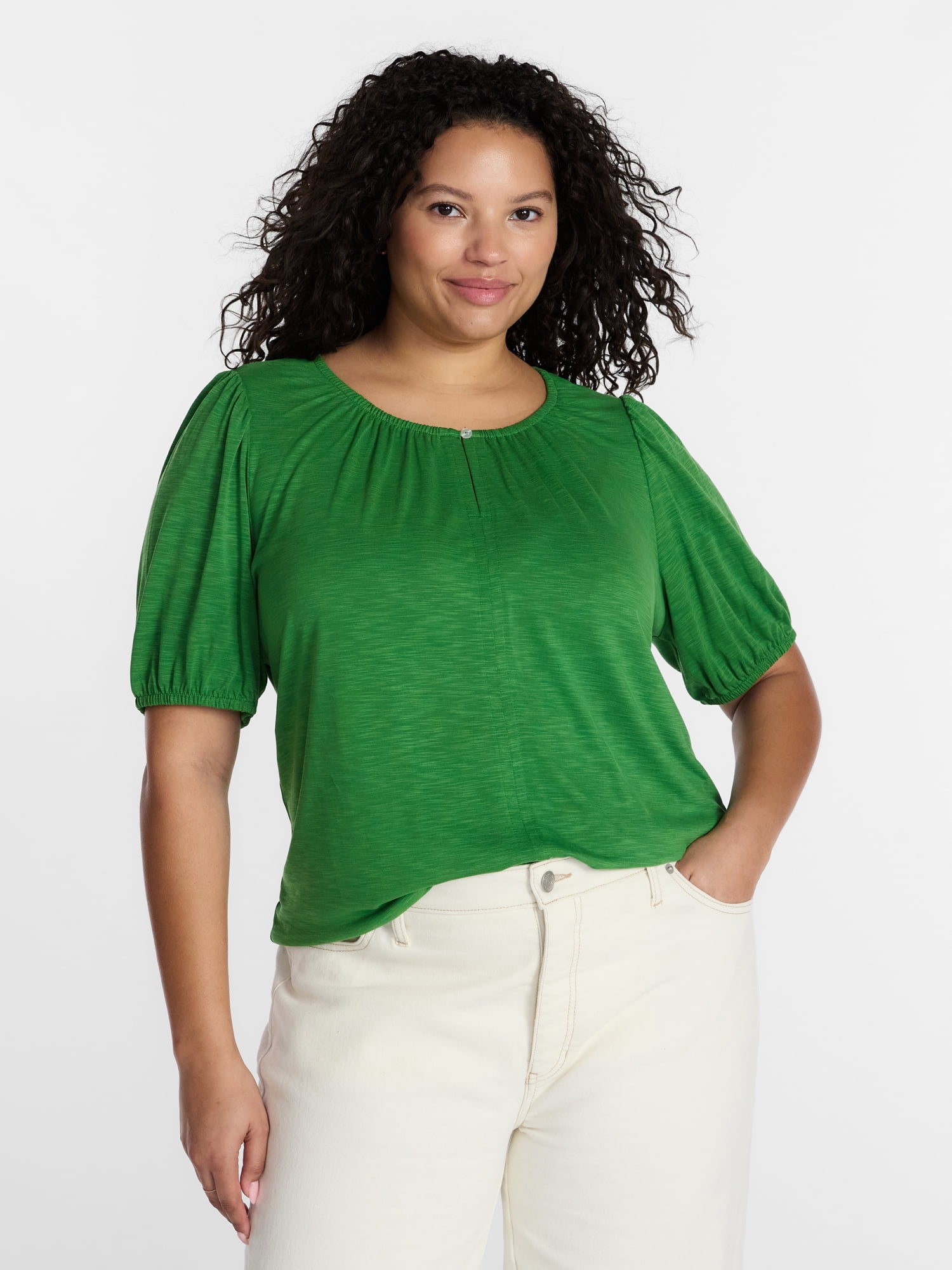 Terra & Sky Women's Plus Notch Neck Femme Puff Sleeve Top, Sizes 0X-5X