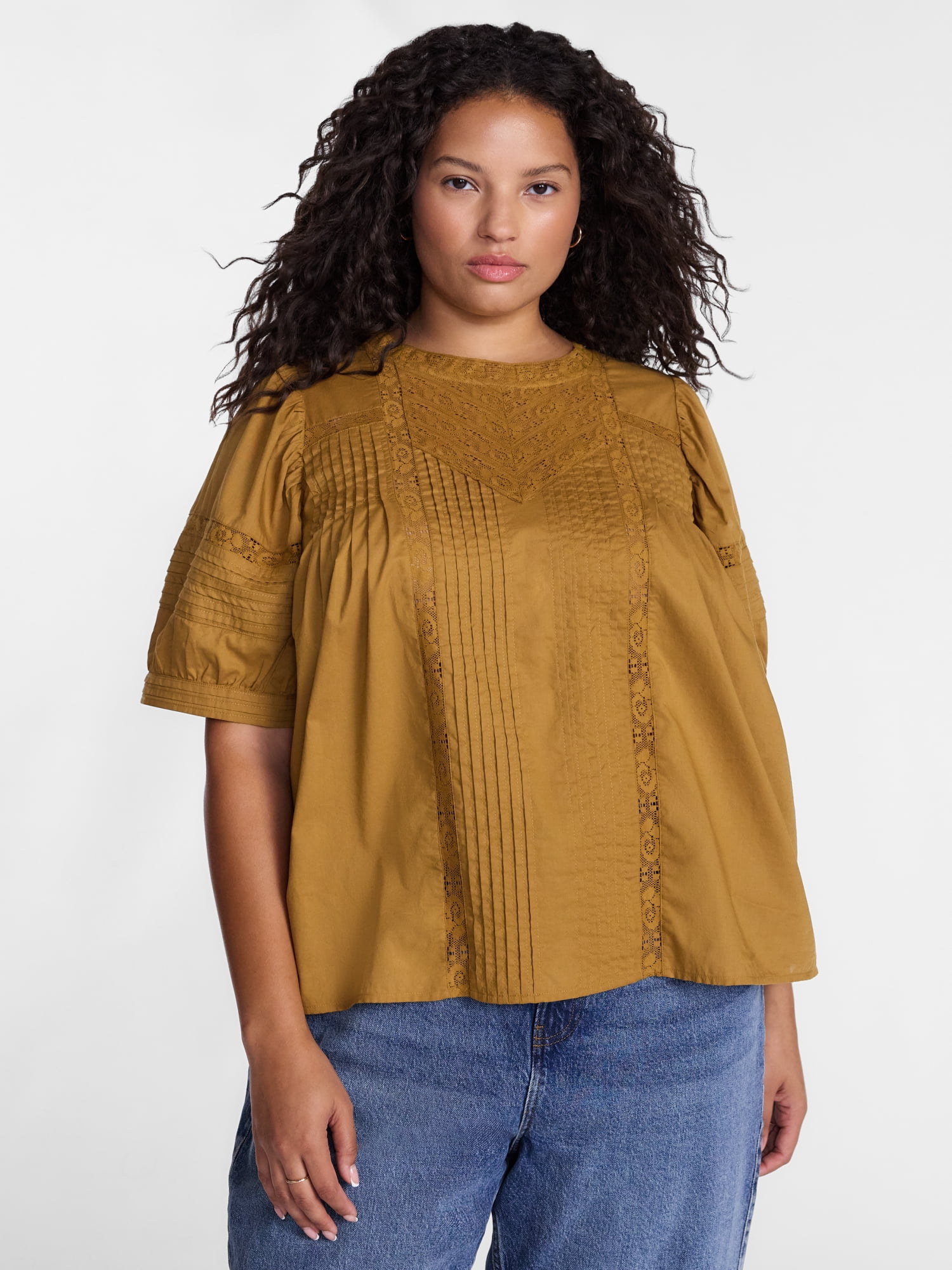 Terra & Sky Women's Plus Lace Trim Swing Top with Elbow Length Puff Sleeves, Sizes 0X-5X