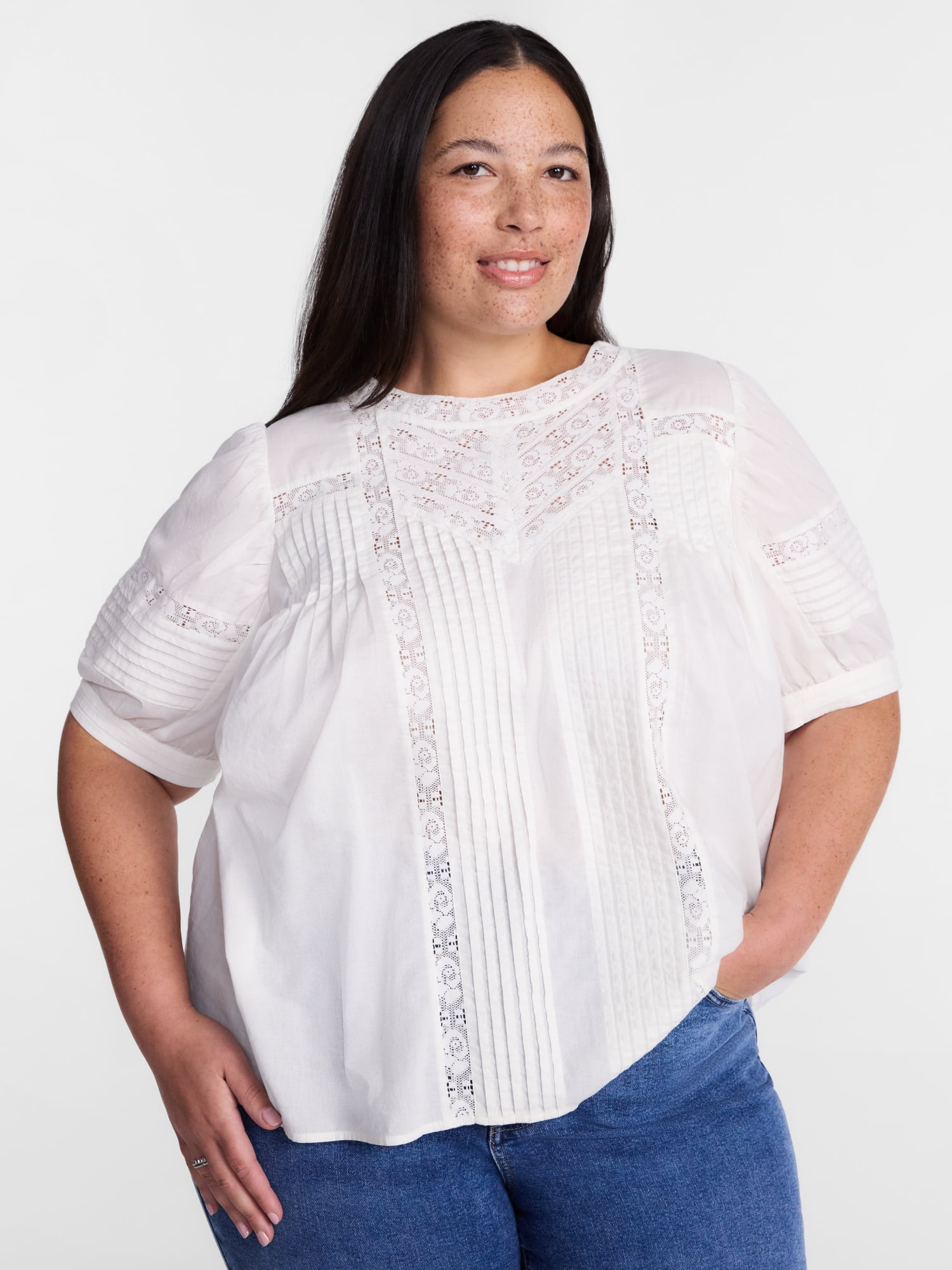 Terra & Sky Women's Plus Lace Trim Swing Top with Elbow Length Puff Sleeves, Sizes 0X-5X
