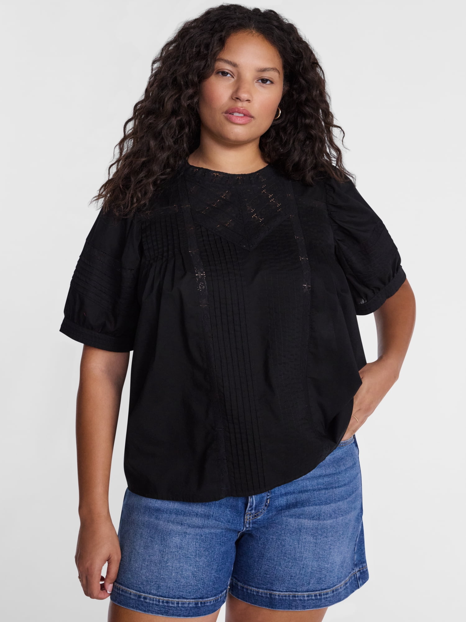 Terra & Sky Women's Plus Lace Trim Swing Top with Elbow Length Puff Sleeves, Sizes 0X-5X