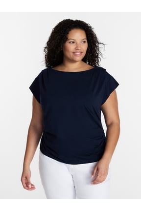 Women’s Plus Pleated Shoulder Top with Short Sleeves, Size 0X-5X