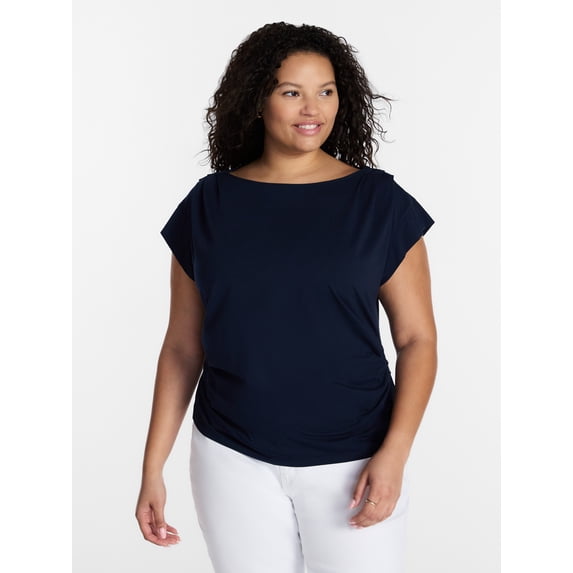 Terra & Sky Women’s Plus Pleated Shoulder Top with Short Sleeves, Size 0X-5X