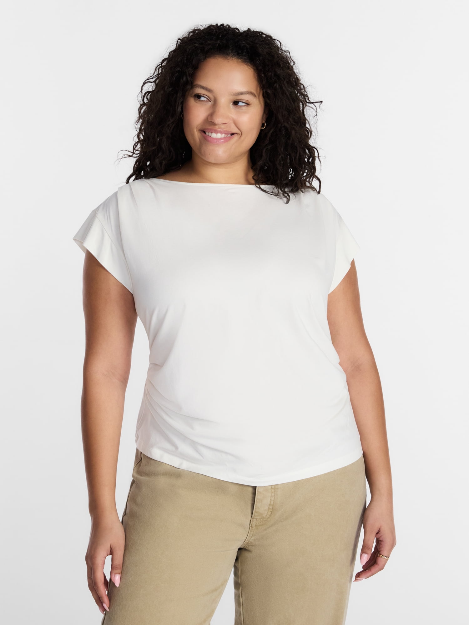 Women’s Plus Pleated Shoulder Top with Short Sleeves, Size 0X-5X