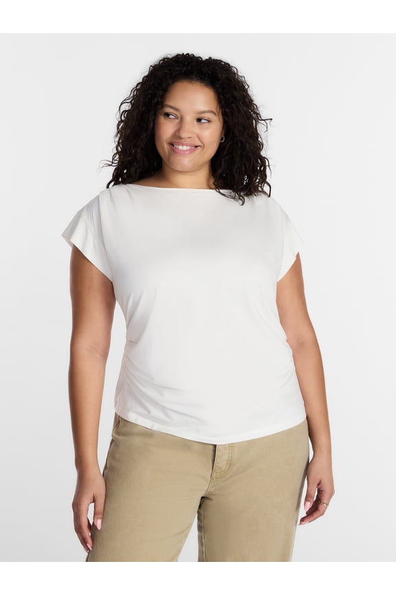 Women’s Plus Pleated Shoulder Top with Short Sleeves, Size 0X-5X
