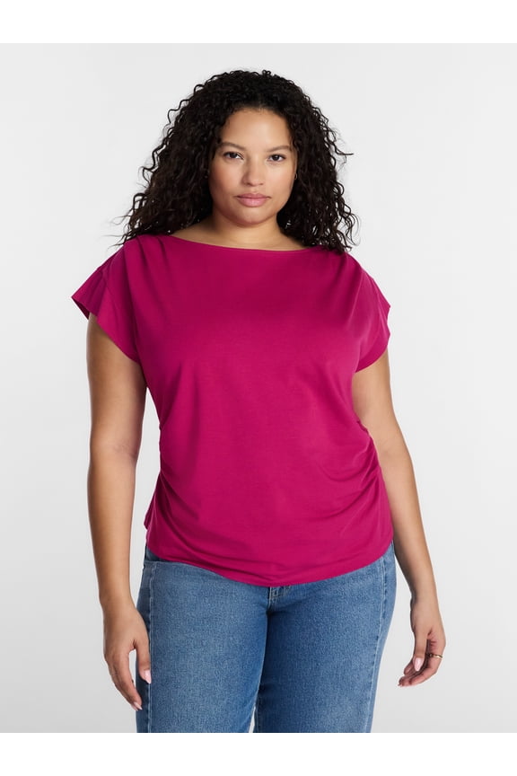 Women’s Plus Pleated Shoulder Top with Short Sleeves, Size 0X-5X