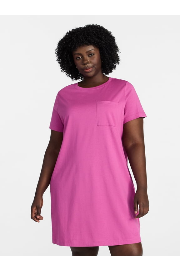 Women's Plus Size Pocket T-Shirt Dress with Short Sleeves, Sizes 0X-5X