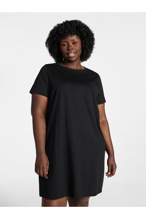 Women's Plus Size Pocket T-Shirt Dress with Short Sleeves, Sizes 0X-5X