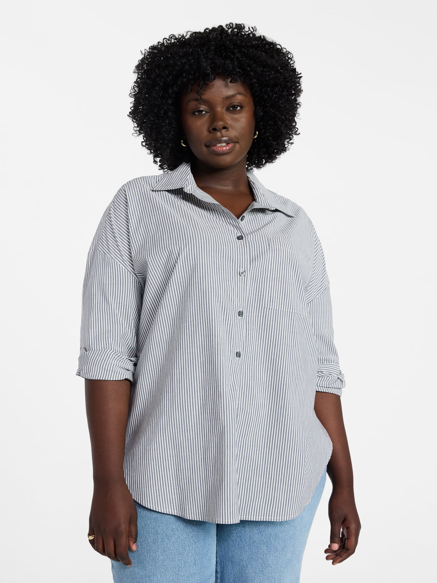 Terra & Sky Women's Plus Size Poplin Boyfriend Shirt, Sizes 0X-5X