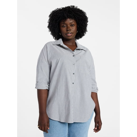Terra & Sky Women's Plus Size Poplin Boyfriend Shirt, Sizes 0X-5X
