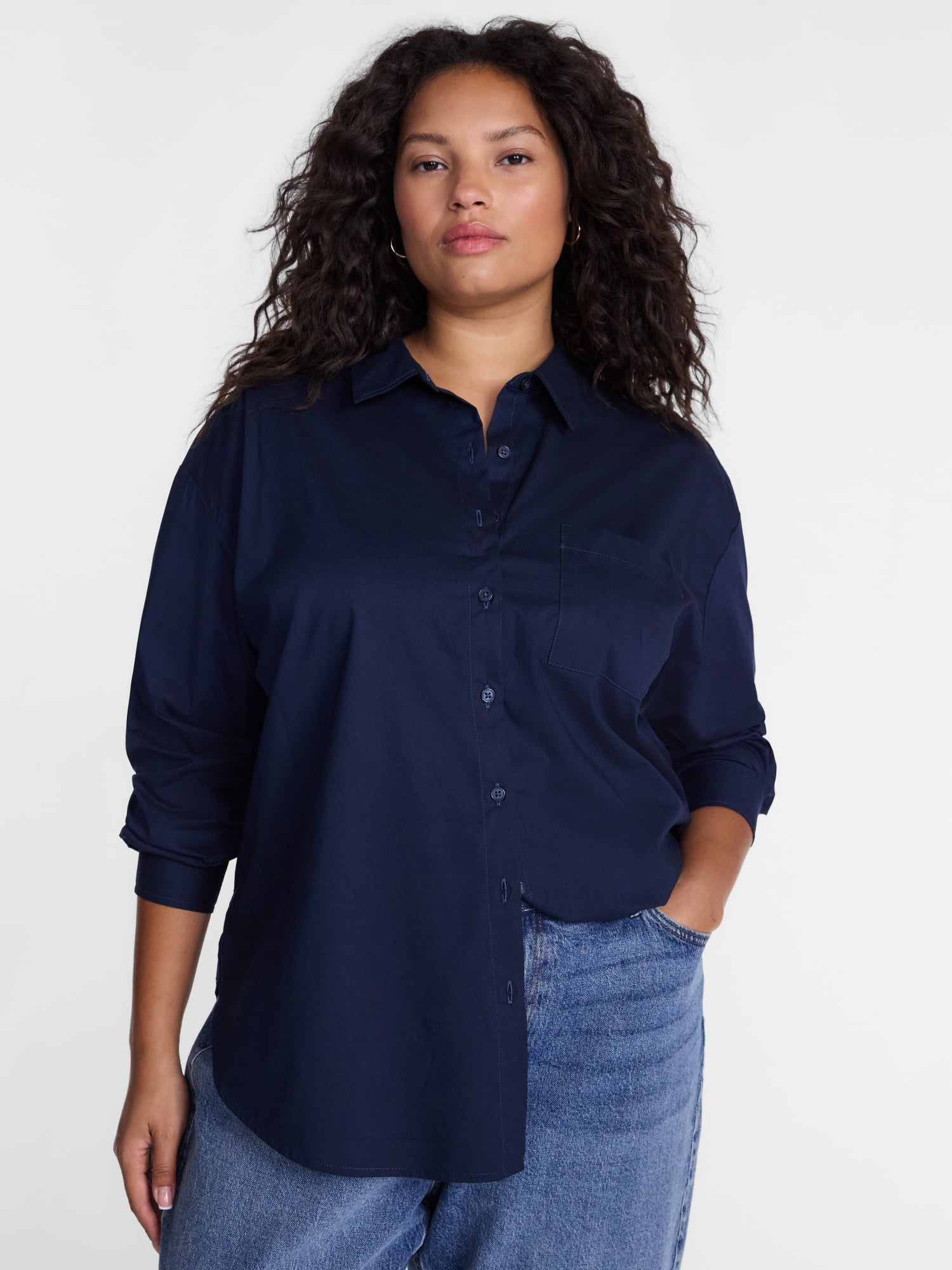 Terra & Sky Women's Plus Poplin Boyfriend Shirt, Sizes 0X-5X