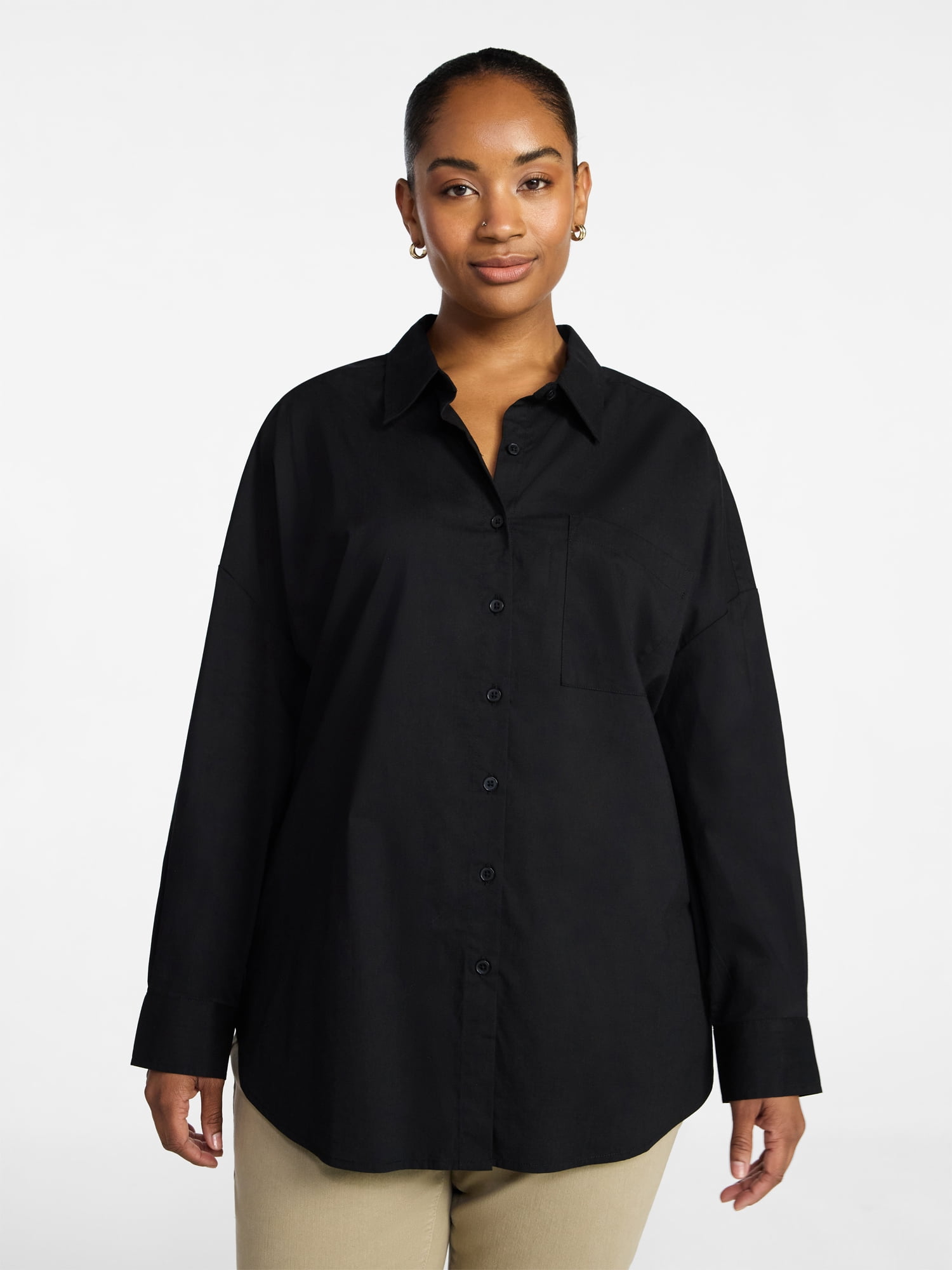 Terra & Sky Women's Plus Size Poplin Boyfriend Shirt, Sizes 0X-5X