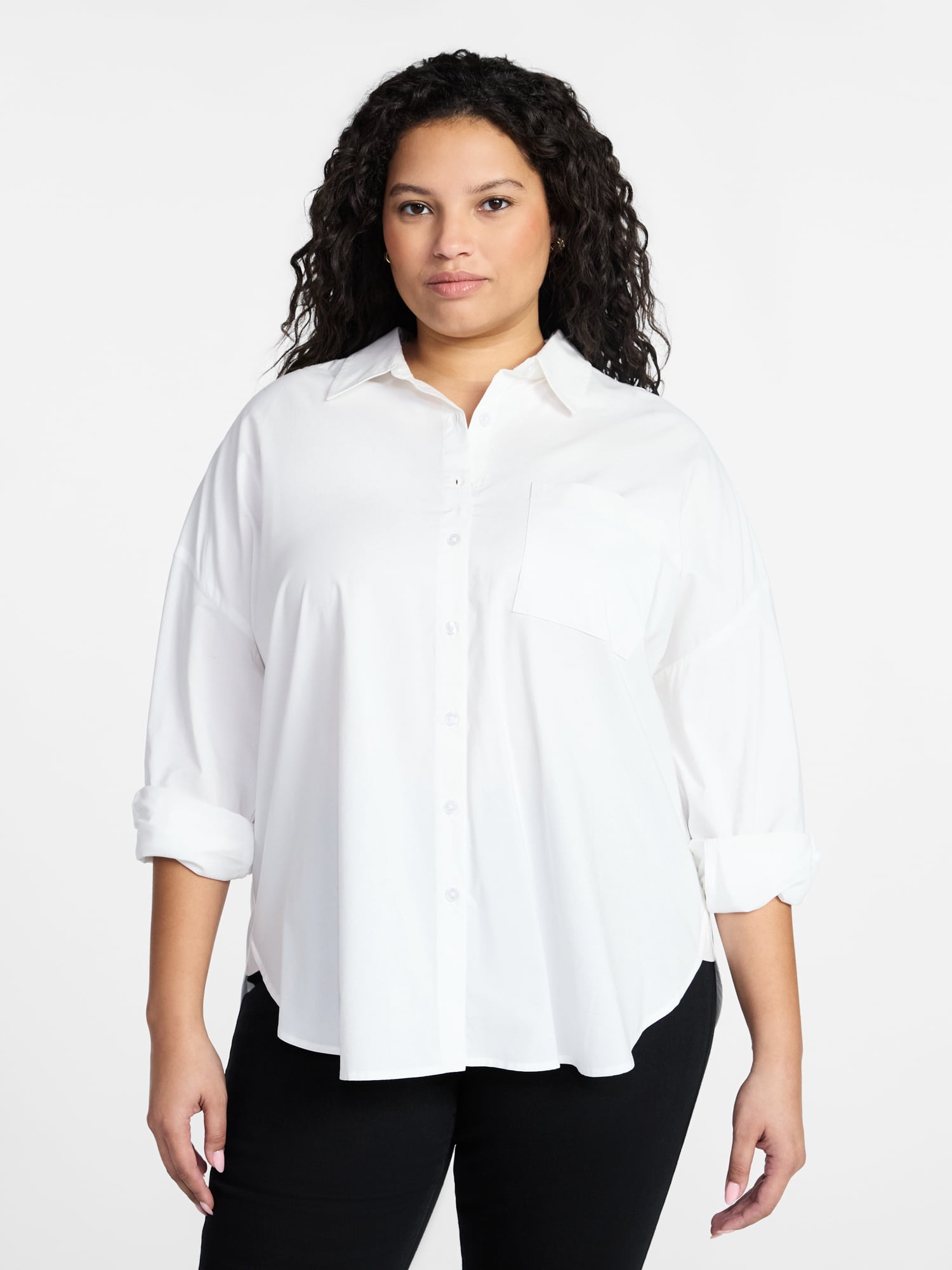Terra & Sky Women's Plus Size Poplin Boyfriend Shirt, Sizes 0X-5X