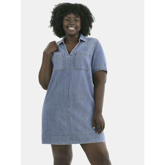 Terra & Sky Women's Plus Denim Mini Popover Shirt Dress, Sizes 0X-5X