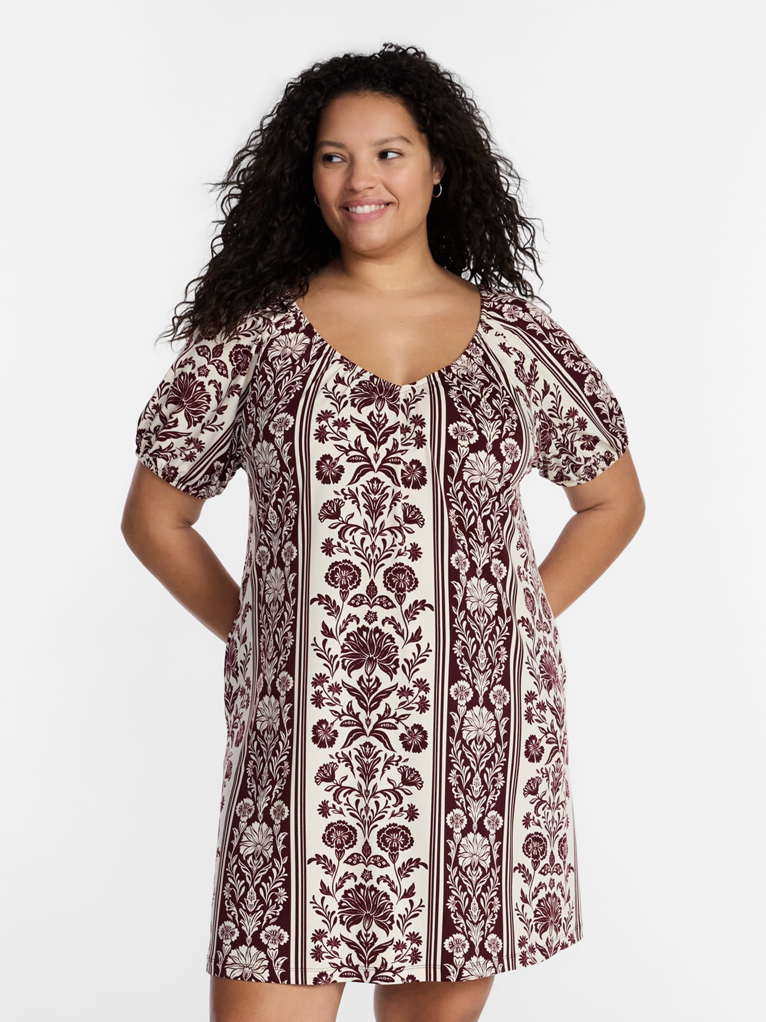 Terra & Sky Women’s Plus Size Puff Sleeve Tie Back Swing Mini Dress, Sizes 0X-5X