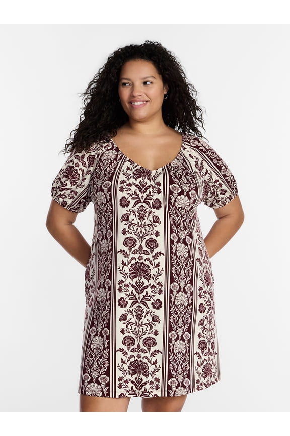 Women’s Plus Size Puff Sleeve Tie Back Swing Mini Dress, Sizes 0X-5X