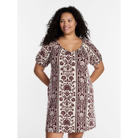 Terra & Sky Women’s Plus Printed Swing Mini Swing Dress with Tie Back, Sizes 0X-5X