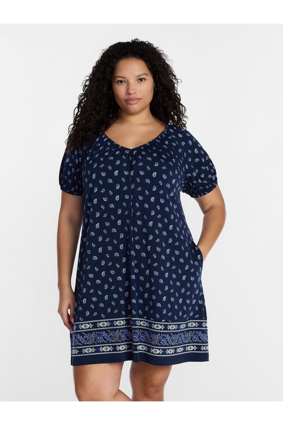 Women’s Plus Printed Swing Mini Swing Dress with Tie Back, Sizes 0X-5X
