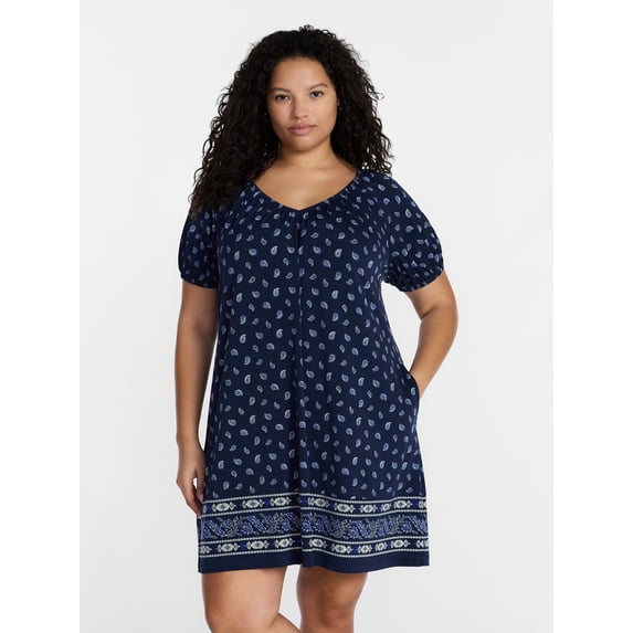 Terra & Sky Women’s Plus Printed Swing Mini Swing Dress with Tie Back, Sizes 0X-5X