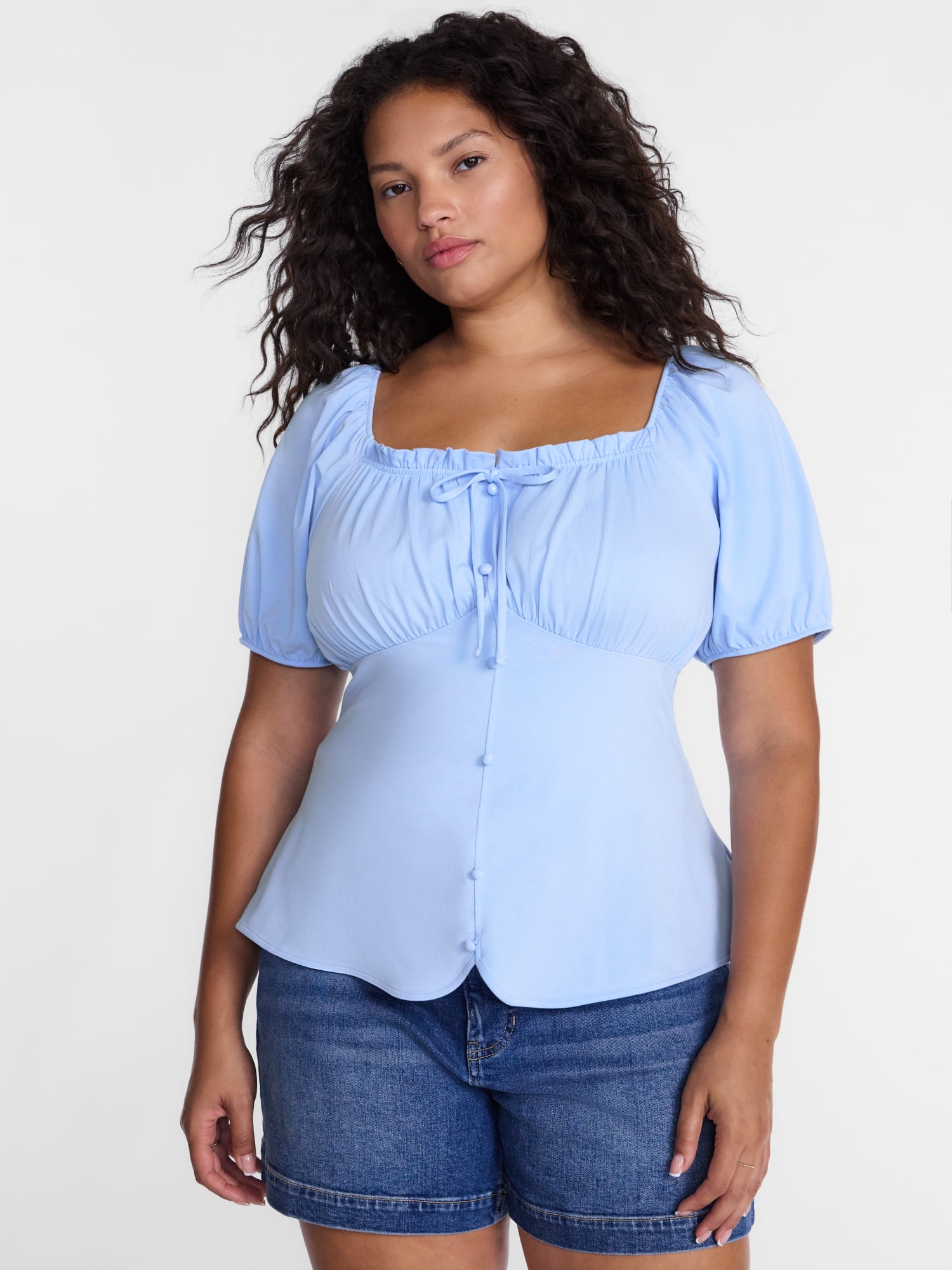Terra & Sky Women's Plus Button Front Babydoll Top with Short Puff Sleeves, Sizes 0X-5X