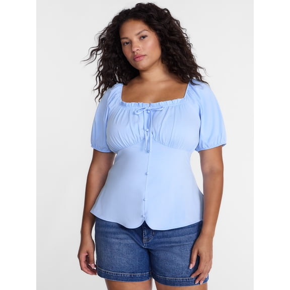 Terra & Sky Women's Plus Button Front Babydoll Top with Short Puff Sleeves, Sizes 0X-5X