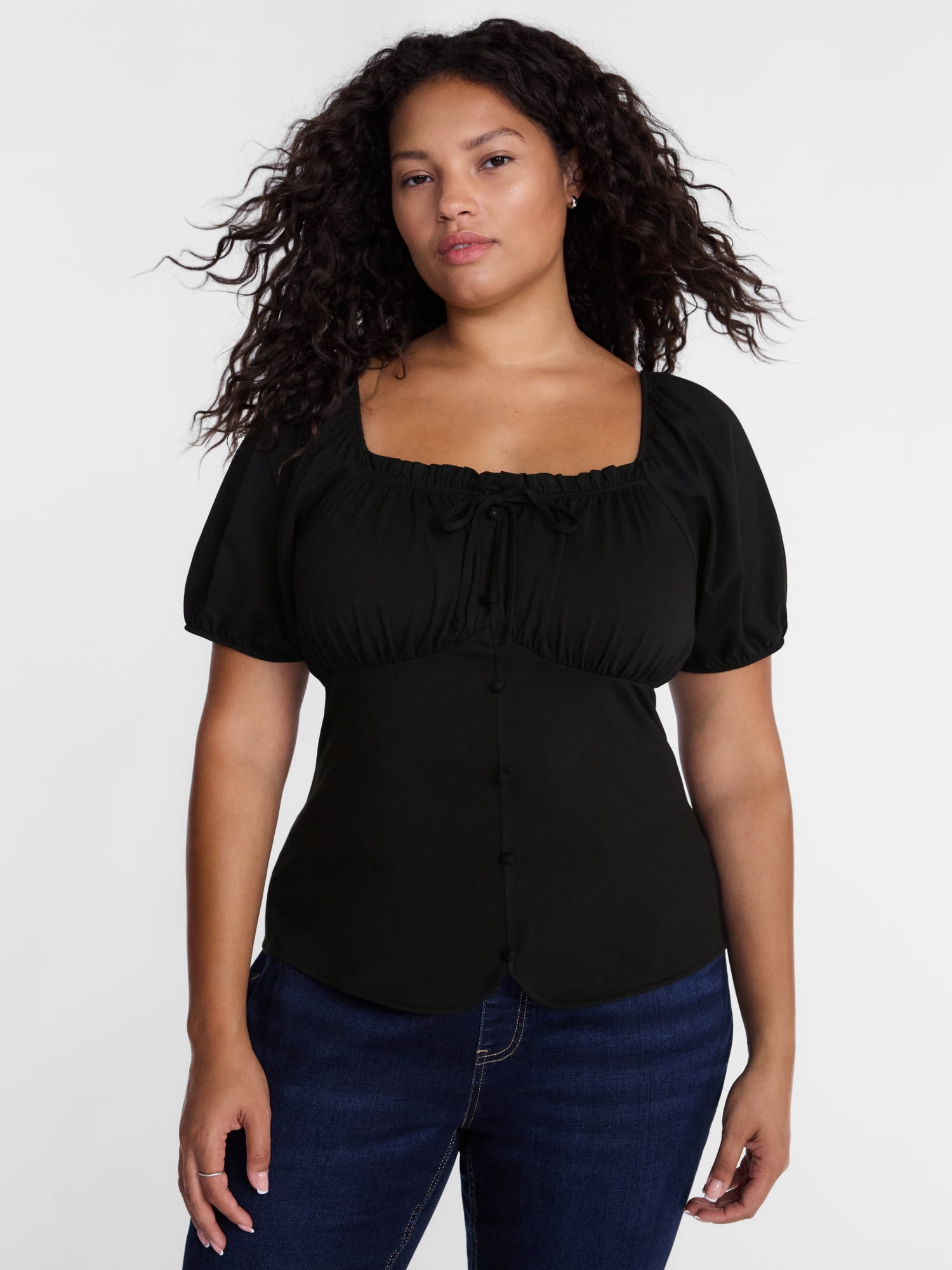 Terra & Sky Women's Plus Button Front Babydoll Top with Short Puff Sleeves, Sizes 0X-5X