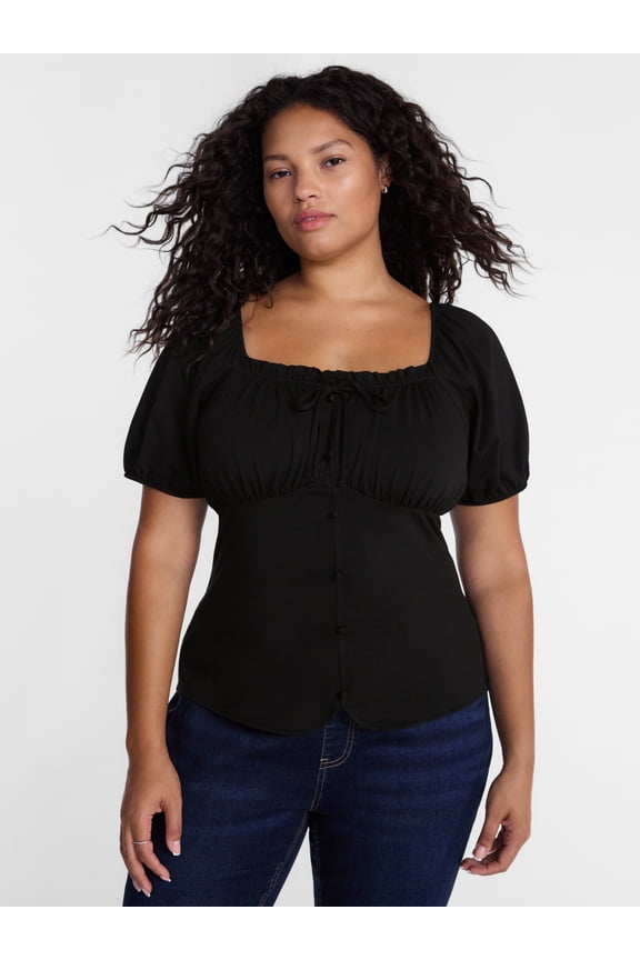 Women's Plus Button Front Babydoll Top with Short Puff Sleeves, Sizes 0X-5X