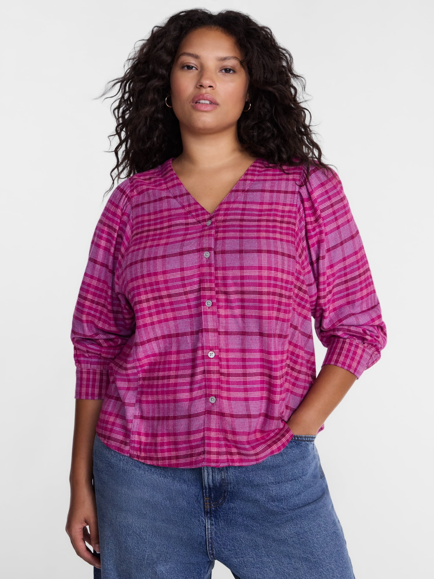 Terra & Sky Women's Plus Puff Sleeve Long Sleeve Woven Top, Sizes 0X- 5X