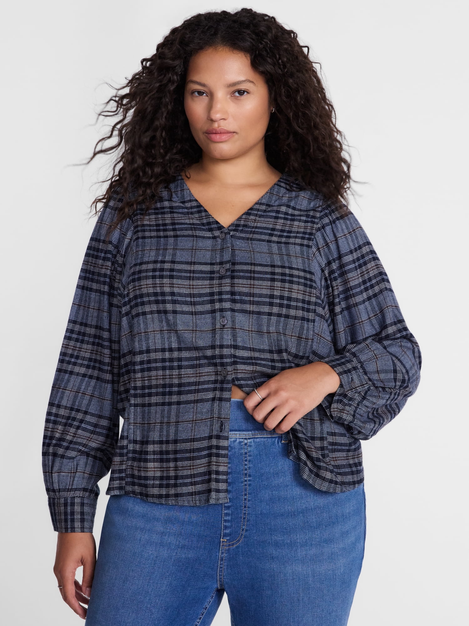 Terra & Sky Women's Plus Button Front Woven Shirt with Long Puff Sleeves, Sizes 0X- 5X